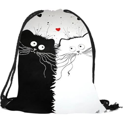 New Unisex Simple 3D print Durable black backpack cute white cat print shoulder bag ladies travel shopping rope bags