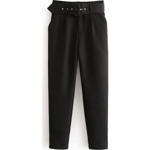 Solid Suit Pants Woman High Waist Pants Sashes Pockets Office Ladies Pants Fashion Middle Aged Pants