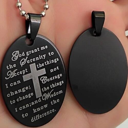 Bulk Lot 50pcs English Black Serenity Prayer Stainless Steel Oval Pendant Necklace Jesus Jewelry (50pendants & 50 Chains)