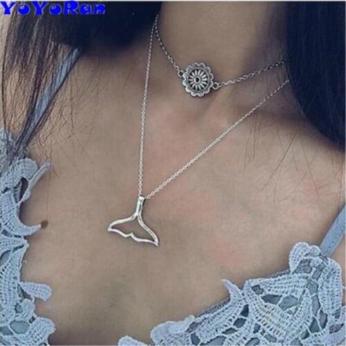 1 Piece mermaid tail flower double chain charm necklaces set for woman Bohemia silver tassel chain fish pendant necklace jewelry