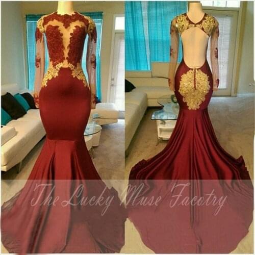 Mermaid African Dress For Black Girl Burgundy Backless Gold Appliques Lace Illusion Dress For Graduation robe de bal longue