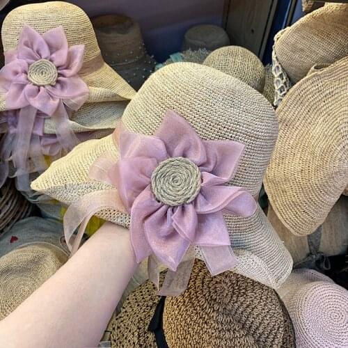 202106-2508741 new summer handmade raffia straw lace big pink flower leisure lady sun cap women leisure hat