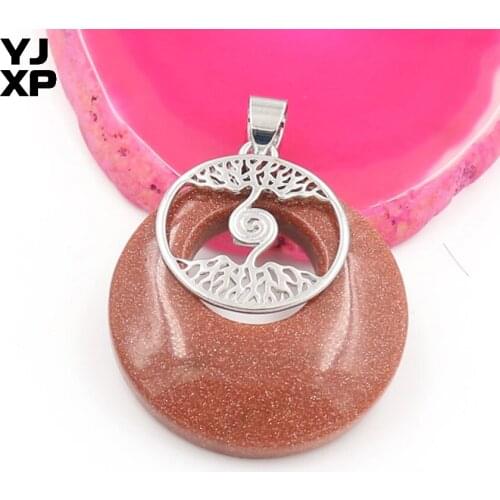 YJXP Silver Plated Safety Buckle Round Hollow Golden Sand Stone Pendant Tree of Life Fashion Jewelry