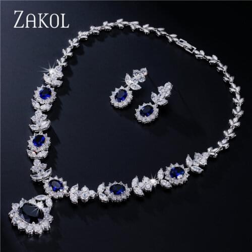 ZAKOL Luxury White Color Dark Blue AAA Cubic Zirconia Jewelry Sets for Elegant Bridal Wedding Flower Jewelry FSSP112