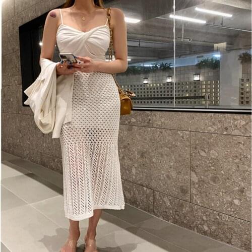 2021 High Waist Elastic Split Bag Hip Skirt Summer Ladies Elegant Knitted Slim Slimming Skirt Sexy Hollow Beach Nightclub Skirt