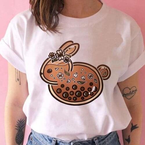 Milk tea Bunny Print Cartoon T Shirts Womens Round Neck Beautiful Short Sleeve White Modern Loose Fashion Comfortable Clothes