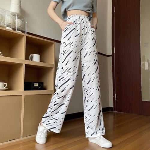 Zoki High Waist Women Pants Loose Summer Fashion White Graffiti Korean Straight Pants Casual Pocket Thin Streetwear Trousers