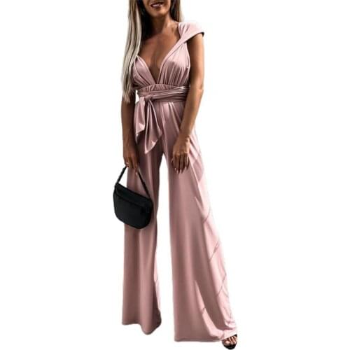 Women Romper Elegant Solid Color Sleeveless Romper V Neck High Waist Wide Leg Elegant Jumpsuit for Banquet combinaison femme