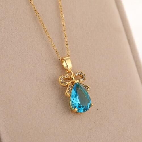 Elegant Bowknot Water Drop Zircon Crystal Pendant Women Necklaces Ladies Fashion Luxury Stainless Steel Necklace Female Jewelry