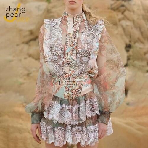 Women Long Sleeve Stand Collar Blouse Shirt Top and Bottom Two Piece Dress Floral Print Fashion Sexy Mini Dress Outfits 2 Piece