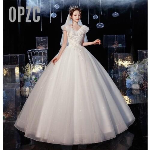 New Korean Factory Cheap Lace Embroidery Cap Sleeve Wedding Dresses Bride Wedding Gown V Neck Elegant Plus Size Vestido De Noiva