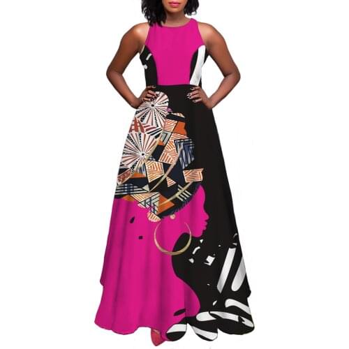 New Ladies Vintage Maxi Africa Print Summer Dress Women Slim Casual High Waist Pink Bohemian Women Beach Dress Vestidos Female