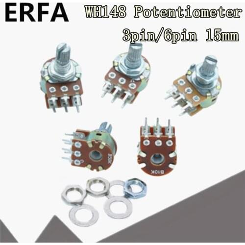 100pcs WH148 6pin 3pin 15mm B1K B2K B5K B10K B20K B50K B100K B250K B500K Potentiometer B 1K 2K 5K 10K 20K 50K 100K 250K 500K 1M