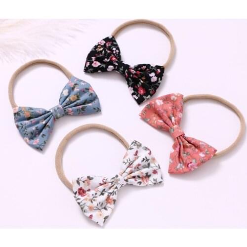 12 pcs/lot, Floral Fabric Bow Nylon Headbands, Spring Summer Floral Bow headband hair accessory