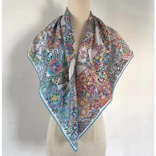 2021 new arrival winter spring classic blue 100% real silk scarf twill hand made roll 90*90 cm shawl wrap for women lady