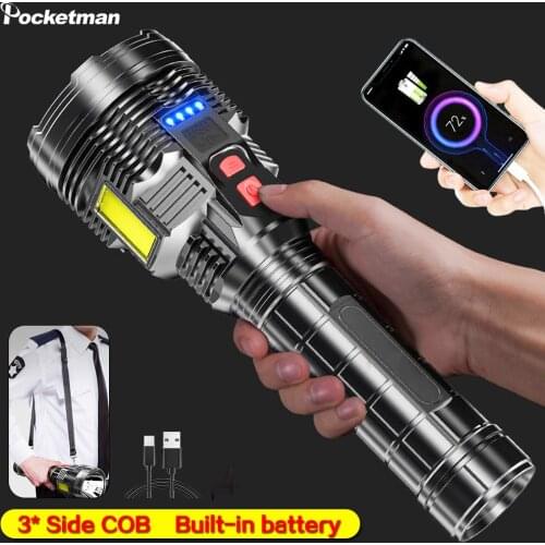 3* COB Side Light LED Flashlight Poratble Patrol Flashlight USB Rechargeable Torch Waterproof Security Flashlight with Strap