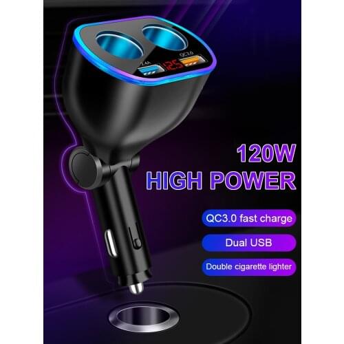 Car Charger 12/24V Lighter Adapter Splitter with Dual USB Digital Voltmeter LED Night Light QC 3.0 Fast Charge for Phone Tablet