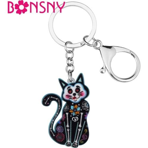 Bonsny Acrylic Halloween Sweet Flowers Skull Skeleton Smile Cat Keychains Fashion Key Ring Jewelry For Women Girls Charms Gifts