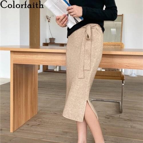 Colorfaith New 2020 Autumn Winter Women Skirts Knitting Package Hip Fashionable Split Vintage Lace Up Elegant Midi Skirt SK1071