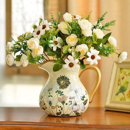 EUROPEAN CERAMIC SINGLE EAR VASE HOME LIVING ROOM VASE DECORATION TV CABINET PORCH DECOR ORNAMENTS ARTIFICIAL FLOWER CONTAINER