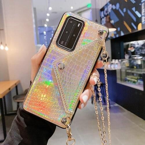 Crocodile Pattern Leather Back Case for Huawei P40 P40 Pro Shiny Wallet Case for Huawei Nova 4 5 6 Cover With Long Chain