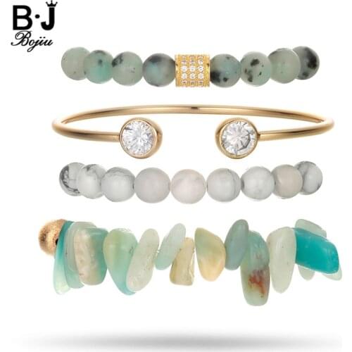 BOJIU Natural Stone Copper Zircon Bracelet Sets For Women Fashion Summer Beads Bracelet Femme Charm Bracelet Set Jewelry BCSET63