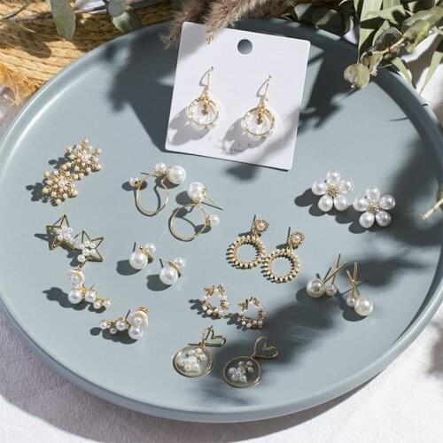 Korean White Pearl Earrings for Women Elegant Baroque Hollow Geometric Round Star Flower Drop Dangle Earrings Statement Jewelry