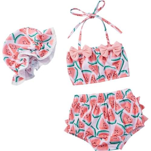 3pc Baby Girl Bikini Swimsuit Sets Watermelon Crop Tops Ruffle Shorts with Hat Summer Swimmwear Bathing Suit Childrens Clothing