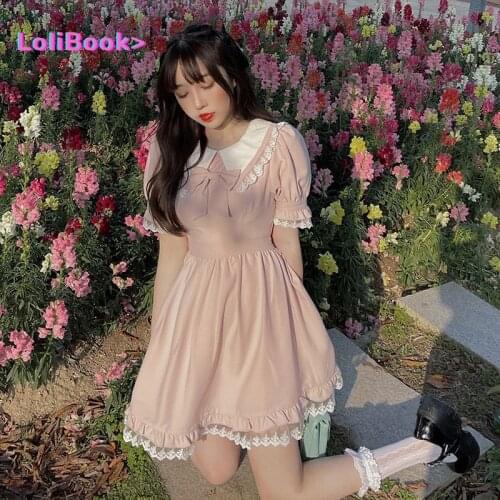 Lolibook Summer Lolita Kawaii Dress Women Japanese Vintage Bow Pink Mini Dress Cute Pretty Princess Bubble Sleeve Lace Dress