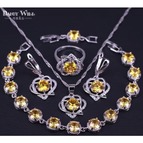 Silver color jewelry set for women pendant earring ring necklace bracelet set sparking yellow CZ bridal jewelry