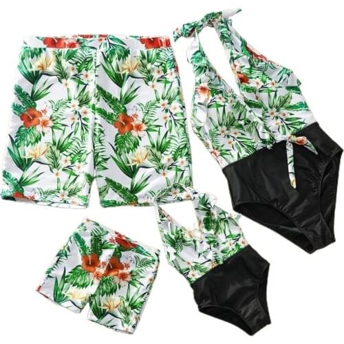 Outfits Father Son Swim Trunks Leaf Family Matching Swimsuit Flower Mother Daughter Swimwear Mommy and Me Bikini Dresses Clothes