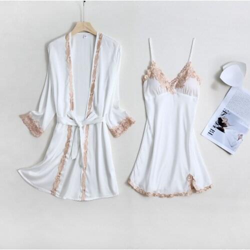 Sexy V-Neck Sleepwear White Satin Lace Robe & Gown Sets Women Nightdress Lingerie Underwear