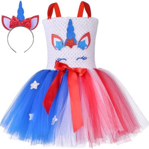 Independence Day Girls Unicorn Tutu Dress with Hairhoop Star American Flag 4th of July Dress Up Kids Girl Carnival Party Costume