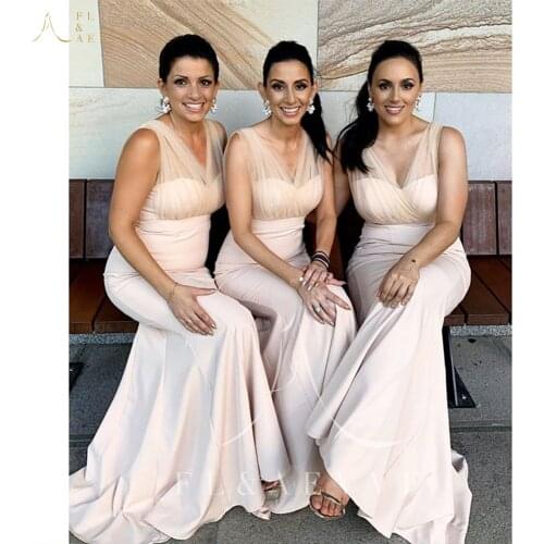 Simple Ivory Satin Mermaid Bridesmaid Dresses Illusion Tulle V-neck Wedding Party Gowns Plus Size Women Occasion Dress