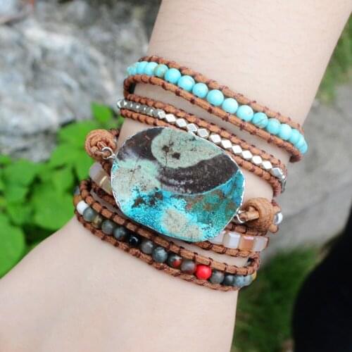 Dropshipping Ocean Blue Stone Bracelet Bohemian 5X Leather Friendship Wrap Bracelet Handmade Boho Leather Bracelet Wholesale