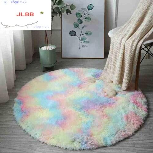 Rainbow Colorful Soft Fluffy Carpets Girl Round Hairy Area Rug For Bedroom Decoration Carpet shaggy Bedside Mat Princess Style