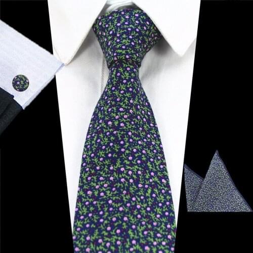 Ricnais Mens 8cm Tie 100% Cotton Floral Ties Pocket Square Cufflinks Sets Hanky For Formal Wedding Business Party Handkerchief
