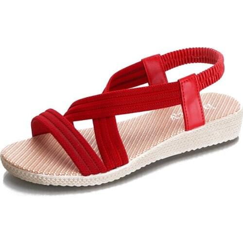 Sandals Women 2021 New Korean Casual Womens Flat Wedge Sandals Elastic Band Fish Mouth Roman Shoes Large Size