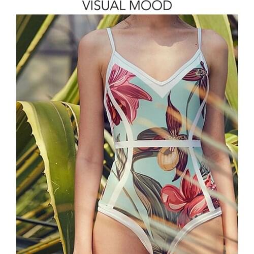 HFF French Minority Retro Printed Girl One-Piece Swimsuit Slim Vacation With Chest Pad Without Steel Support Briefs