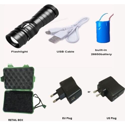 USB LED Flashlight Torch Aluminum T6 LED Tatical Hunting Flashlight Light Lamp for 26650 battery with EU US charger RETAIL BOX