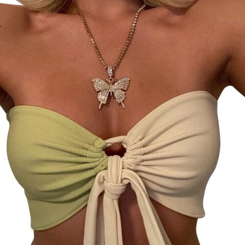 Womans Sexy Contrast Color Camisole, Lace-up Halter Midriff-baring Backless Slim Elastic Boob Tube Top