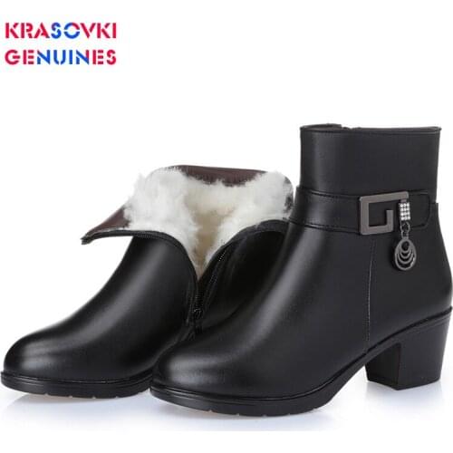 Krasovki Genuines Wool Women Snow Boots High Heel Fur Warm Shoes Plush Ankle Boots Genuine Leather Platform Women Winter Boots