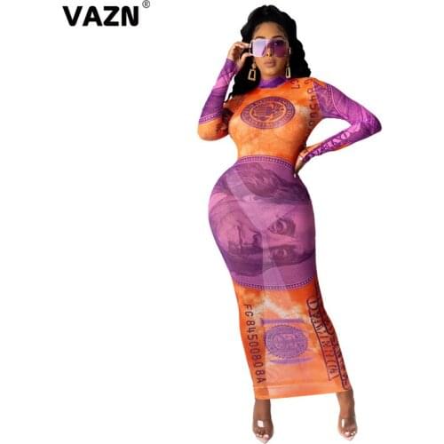 VAZN 2020 Autumn High Neck Letter Women Female Ladies Long Sleeve Maxi Dress Sexy Sport Running Dress