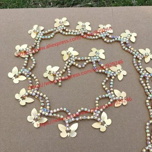 Gold butterfly dangle chain for garments AB crystal yard trims for dancing costumes shoes hat crystal DIY crafts supplies