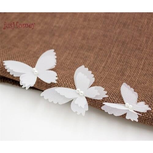 100PCS Double-layer White Organza Butterfly Appliques Sheer Chiffon Butterfly w/ Imitation Pearls for Party Decoration