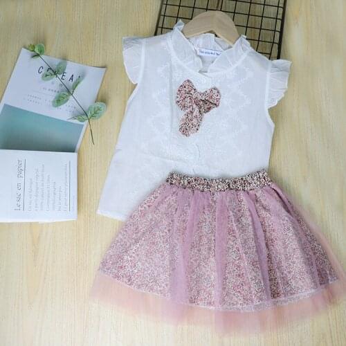 2021 Fashion Girls Clothing Sets New Summer Sleeveless Kids Clothing Sets Baby Clothes Outfits T-shirt+Print Bow Skirt 2Pcs Bow