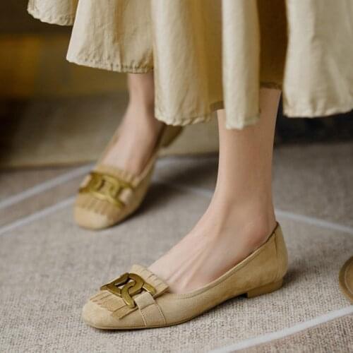 Womens Natural Suede Leather Slip-on Ballet Flats Leisure Soft Metal Decoration Fringe Espadrilles Square Toe Casual Shoes
