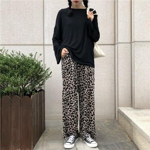 Pants Women Retro Autumn Loose Leopard High Waist Elegant Korean Trousers Trendy Soft Chic Pockets Casual All-match Womens Pant