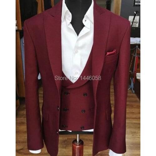 Burgundy Formal Men Suits Slim Fit Wedding Groom Tuxedos Peaked Lapel 3 Pieces Jacket+Pants+Vest Terno Prom Suit Costume Homme
