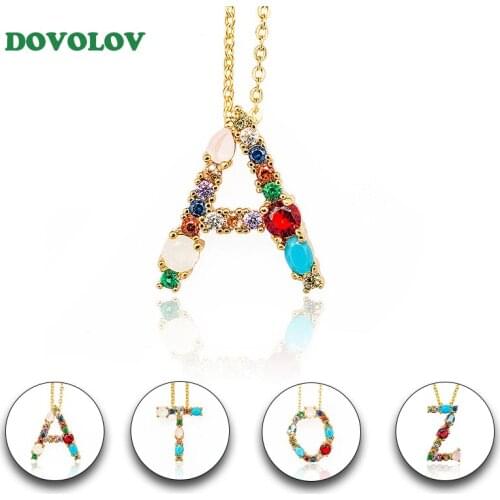 Dovolov A-Z 26 Styles Multi color Personalized Letter Necklace For Women CZ Name Pendants Girlfriend Jewelry Gift D3
